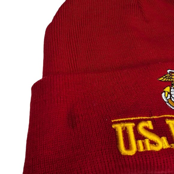 US Marines Red Beanie Hat With Yellow Embroidered Logo Windcatcher small mark - Picture 4 of 5